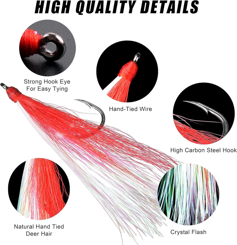 FUSIGO Bucktail Teasers Fishing Hooks Saltwater, 10pcs Fishing Teaser Lures Crystal Mylar Flash Teasers Jig Hooks for Flounder Salmon Trout Striped Sea Bass Bluefish - Image 2